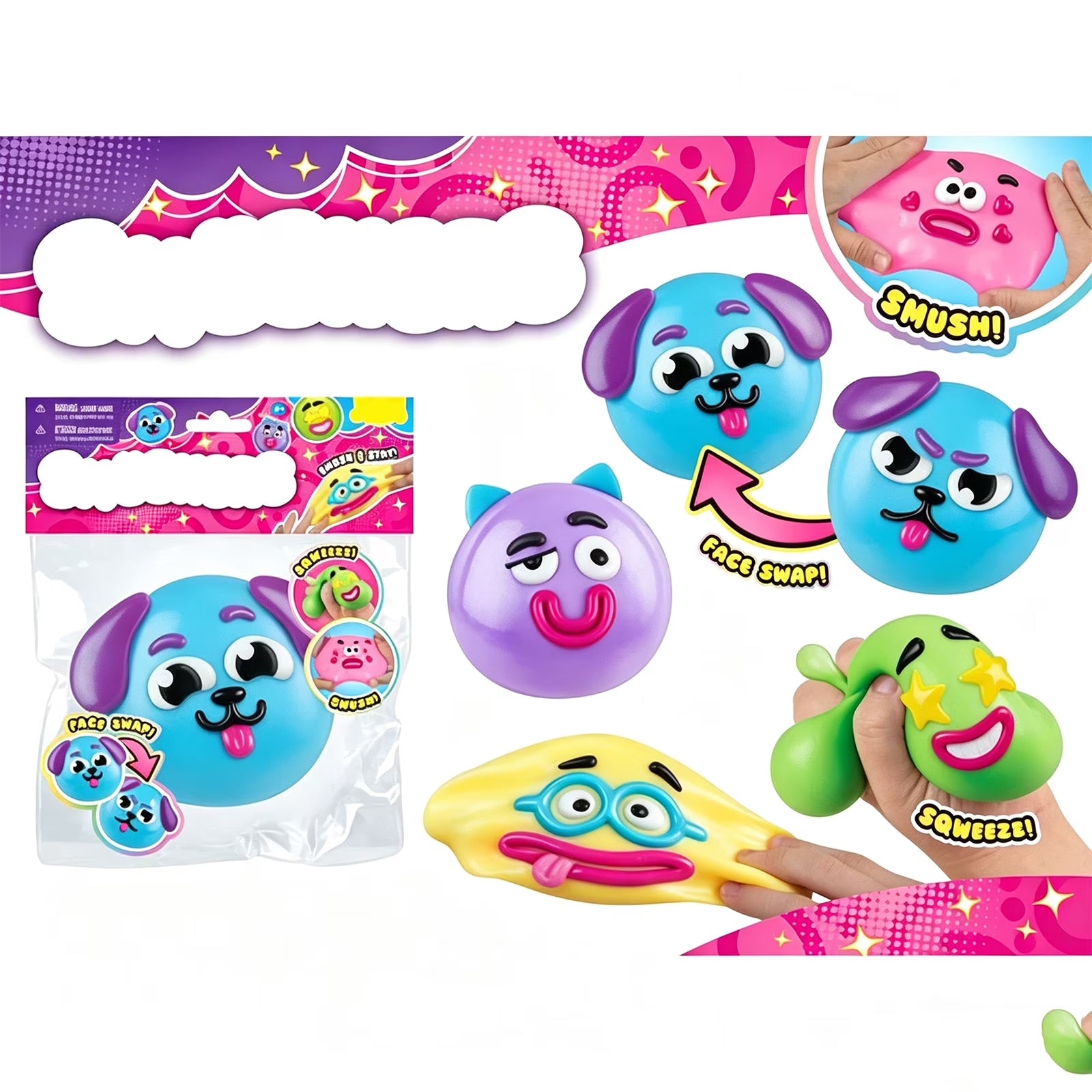 Smushers Squeeze Toys, Novelty Smush Face Squeeze Toys, Durable Removable Facial Expressions for Birthdays and Get-Togethers, Cute & Expressive Design (Pink)